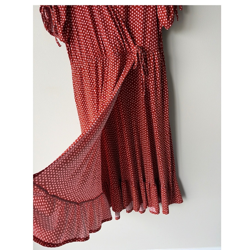 Torrid Rust Red Polka Dot Faux Wrap Midi Dress Puff Sleeve Ruffle Hem Size 2 - Picture 2 of 8